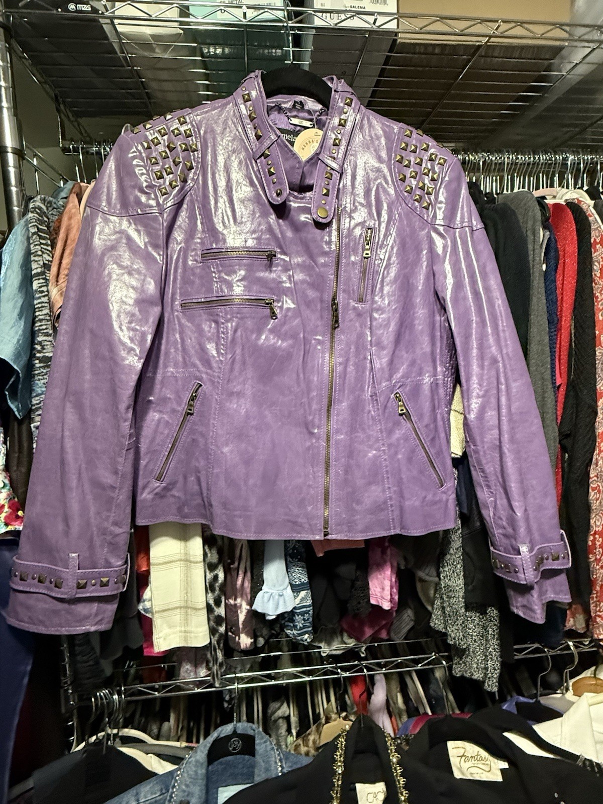 Unique Purple leather moto zipper studded jacket Pamela McCoy