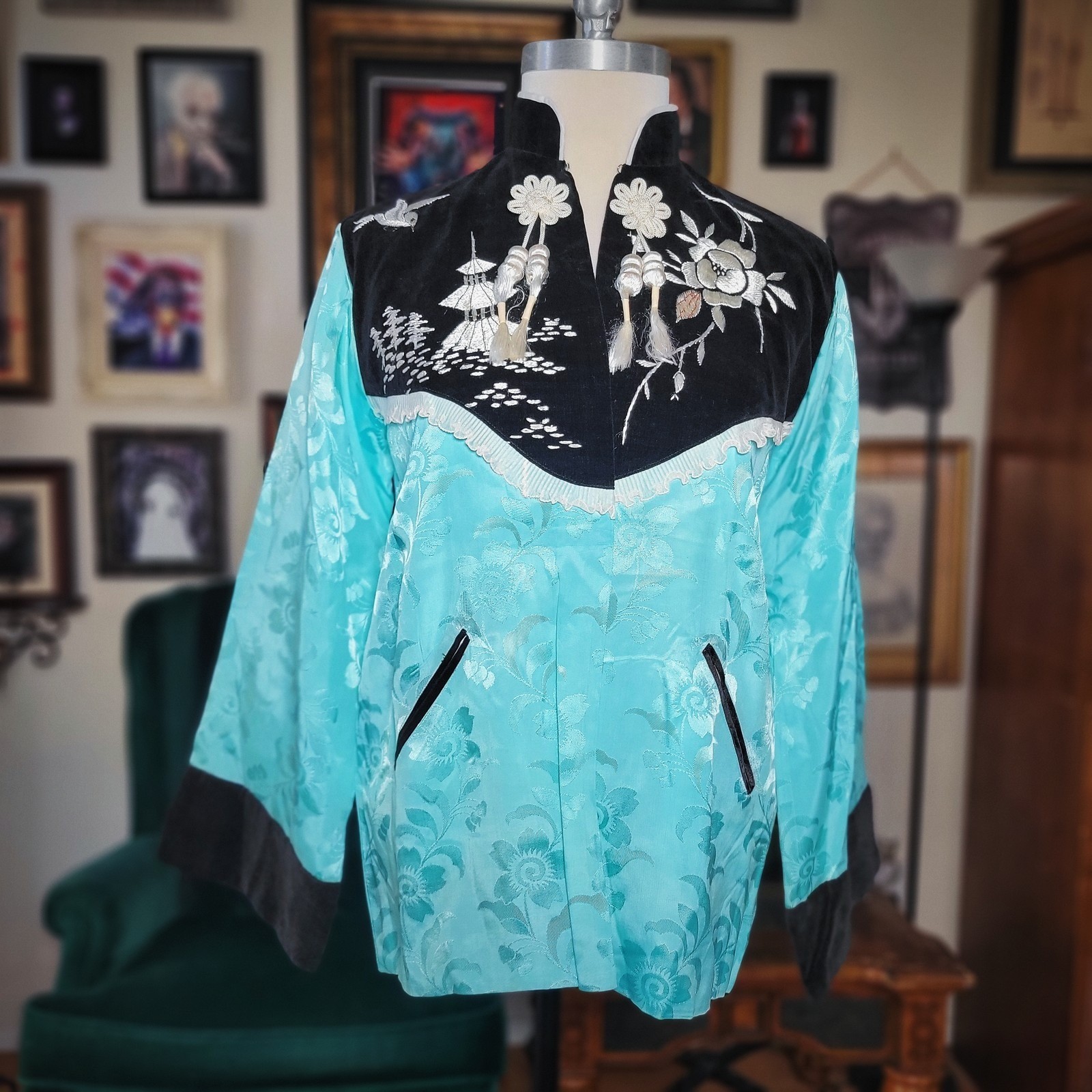 Asian Turquoise Satin Jacket Vintage Velvet Embroidered Pagoda Tassel Large Blue