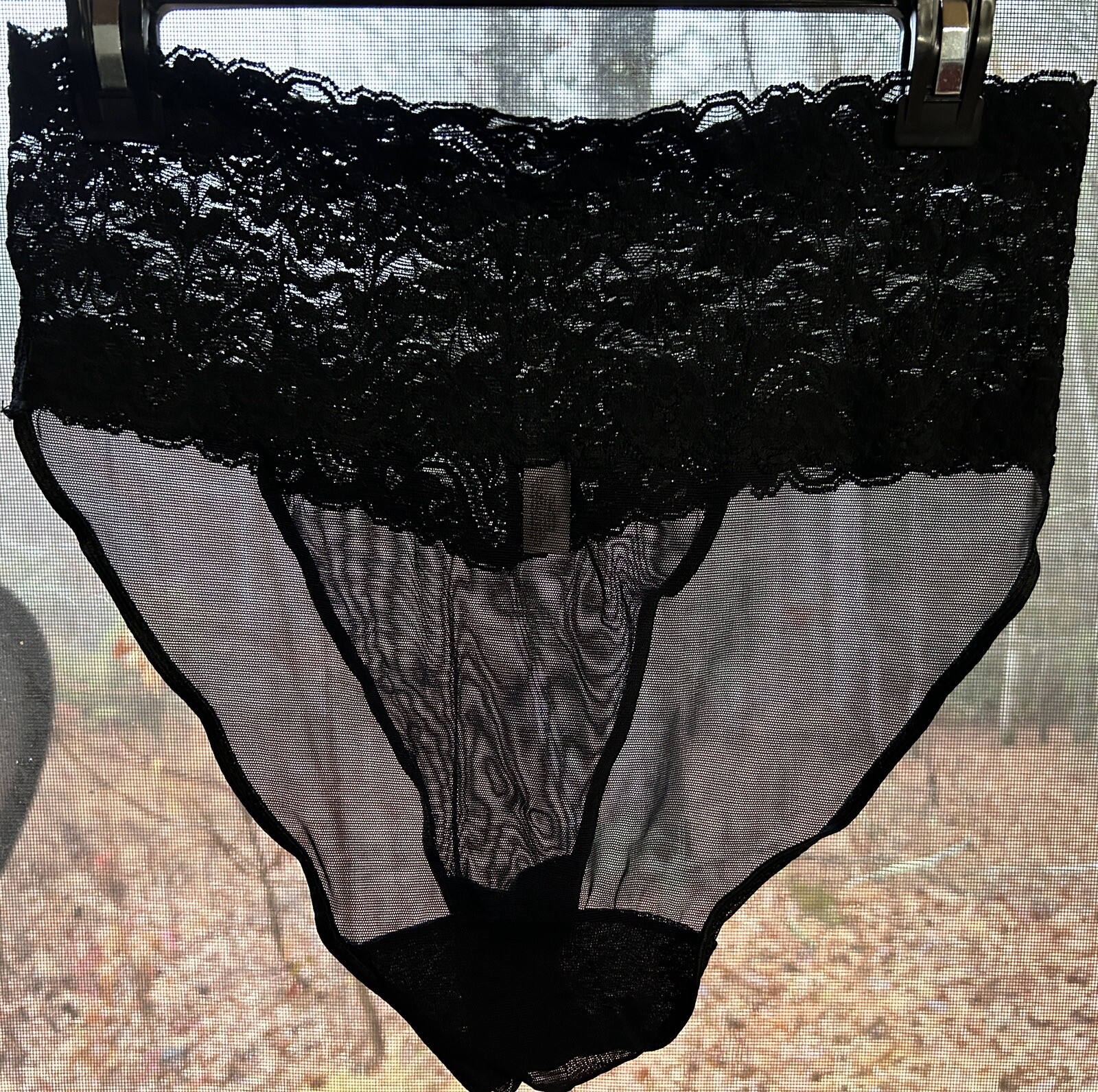Vtg USA VICTORIA&rsquo;S SECRET Gold Label Lace Sheer Mesh Sz L / 7 Black Panties