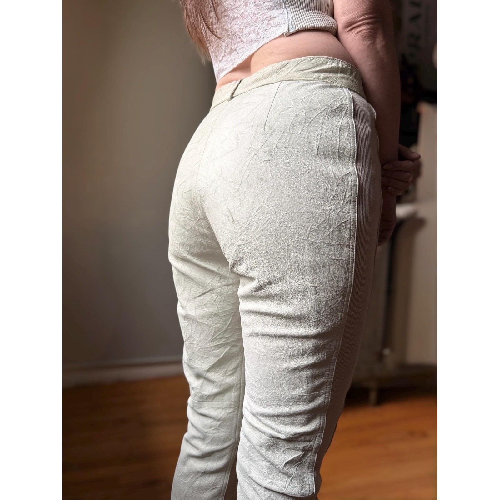 Vintage 90s Leather 2 Piece Set | Corset Crop Top + High Waist Pants | Cream | M