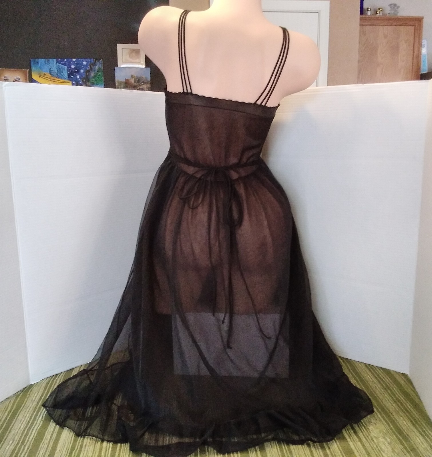 Vintage Elegant Black Kayser Chiffon Nylon Dress Slip Pleated Lingerie Size 32