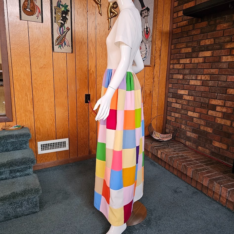 Vtg 70s Hippie Patchwork Rainbow Quilted Skirt Homespun Maxi Zip Front Dress S/M