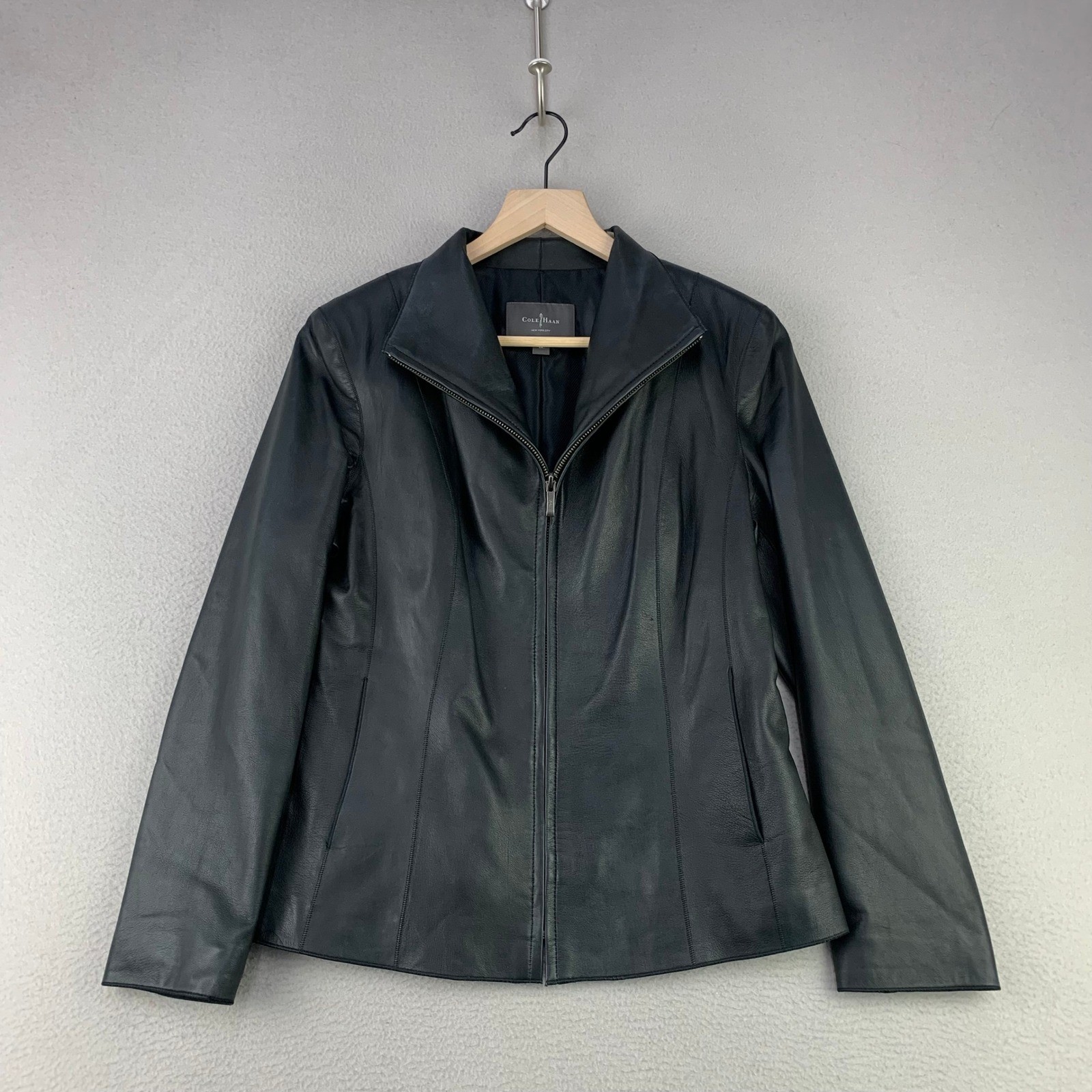 Vintage Cole Haan Lambskin Leather Jacket Women 8P Black Full Zip Biker Y2K Cafe
