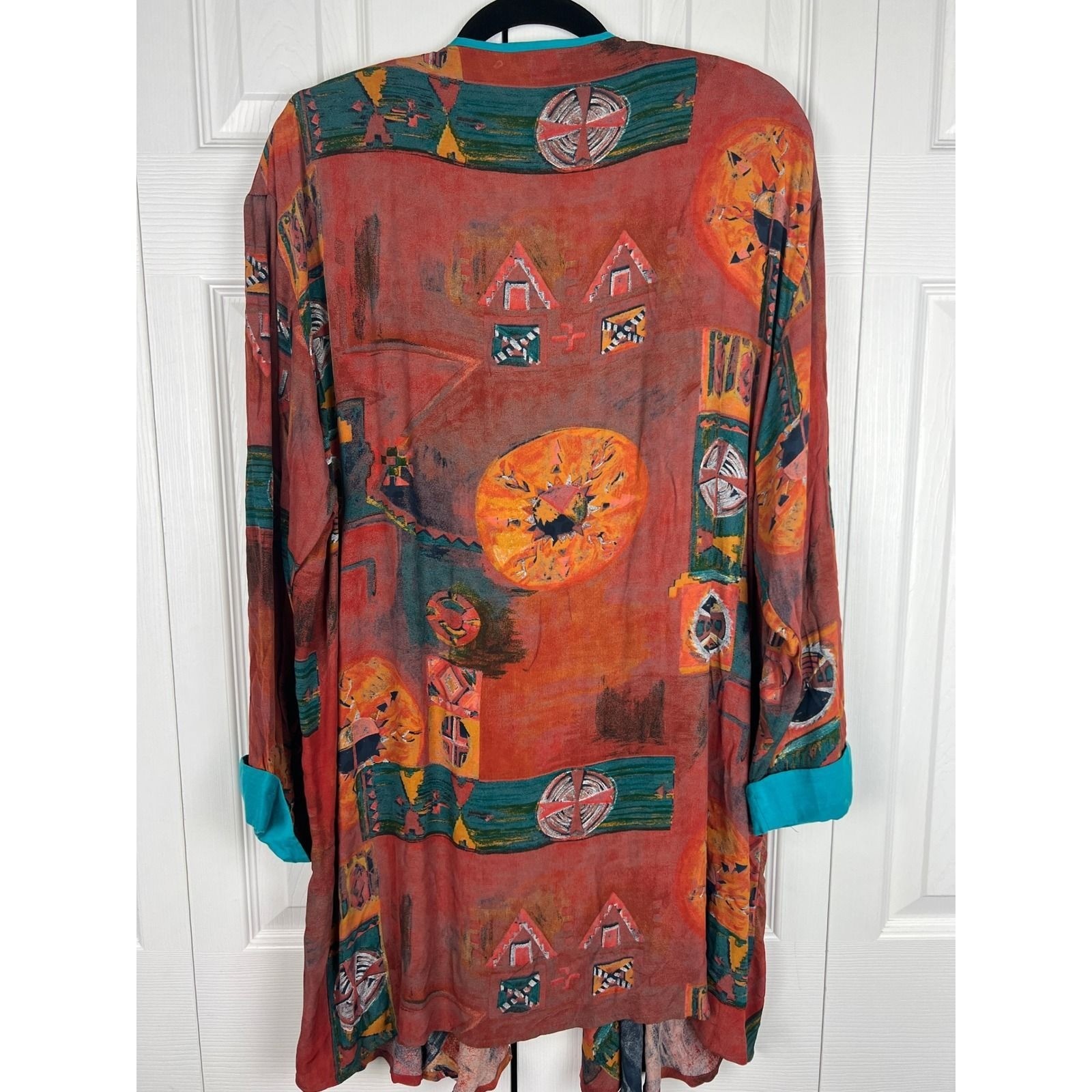 90s Abstract Rayon Duster Cardigan Boho Artsy Open Front Topper L XL Lagenlook