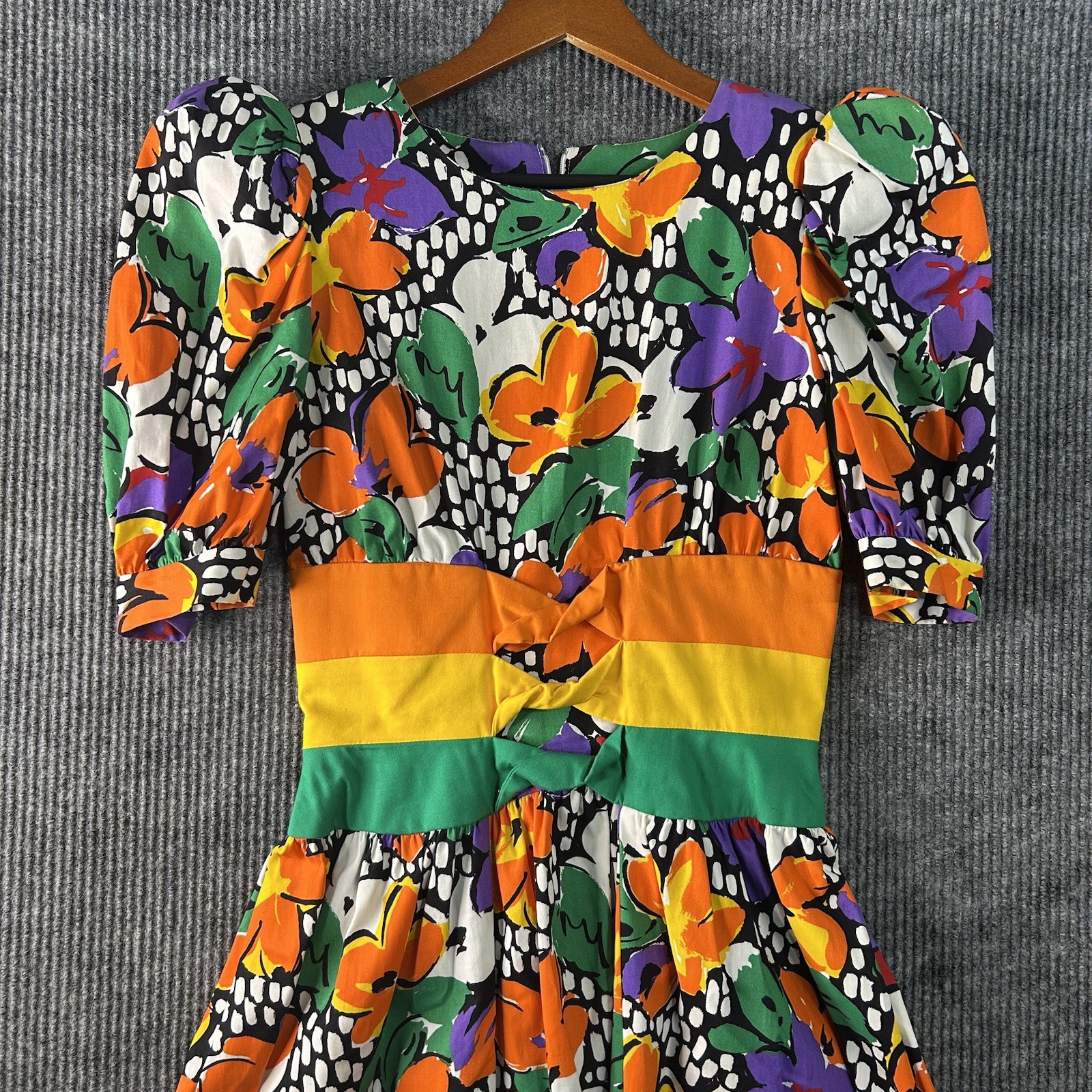 Vintage Leslie Lucks Maxi Dress Size 8 Floral Puff Shoulder Made In USA