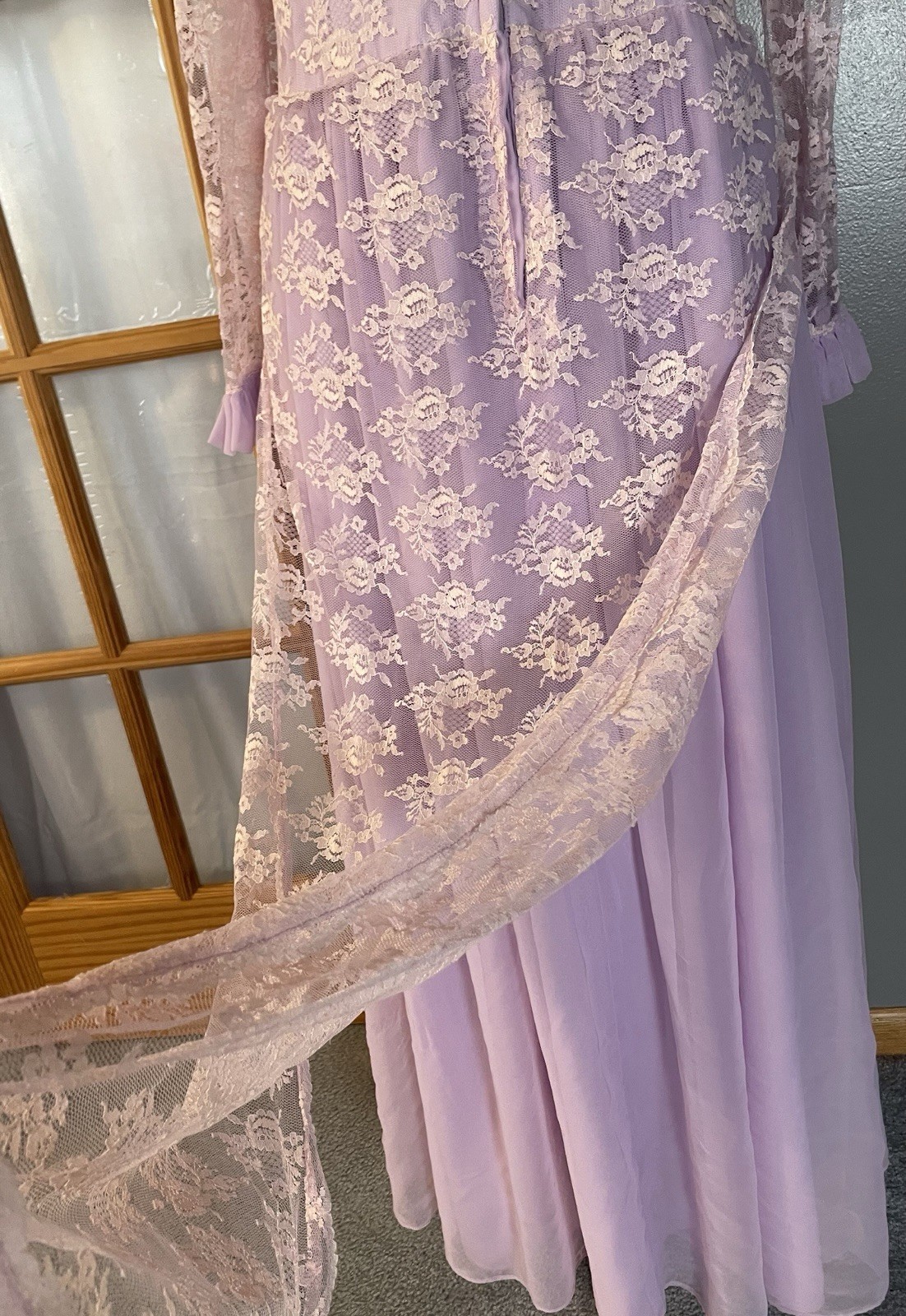 Vtg 70s Handmade Victorian Maxi Dress Sz L Lavender Floral Lace Overlay Prairie
