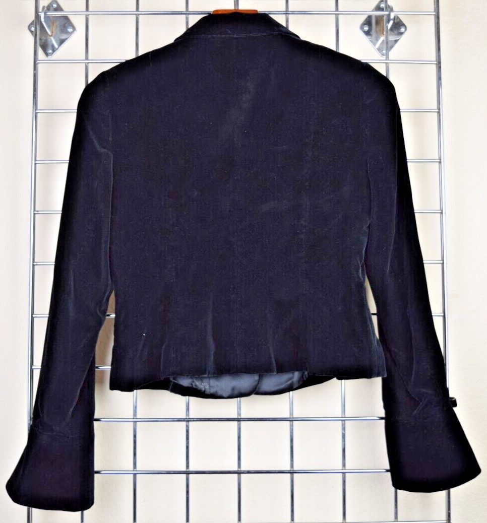 Vintage Velvet Jacket Be Art Size S/M 80s Shiny Black Ribbon Trim Jewel Buttons