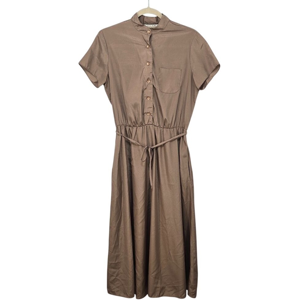 Vintage Coco California Bronze Shimmer Midi Shirt Dress Mandarin Collar Size 6