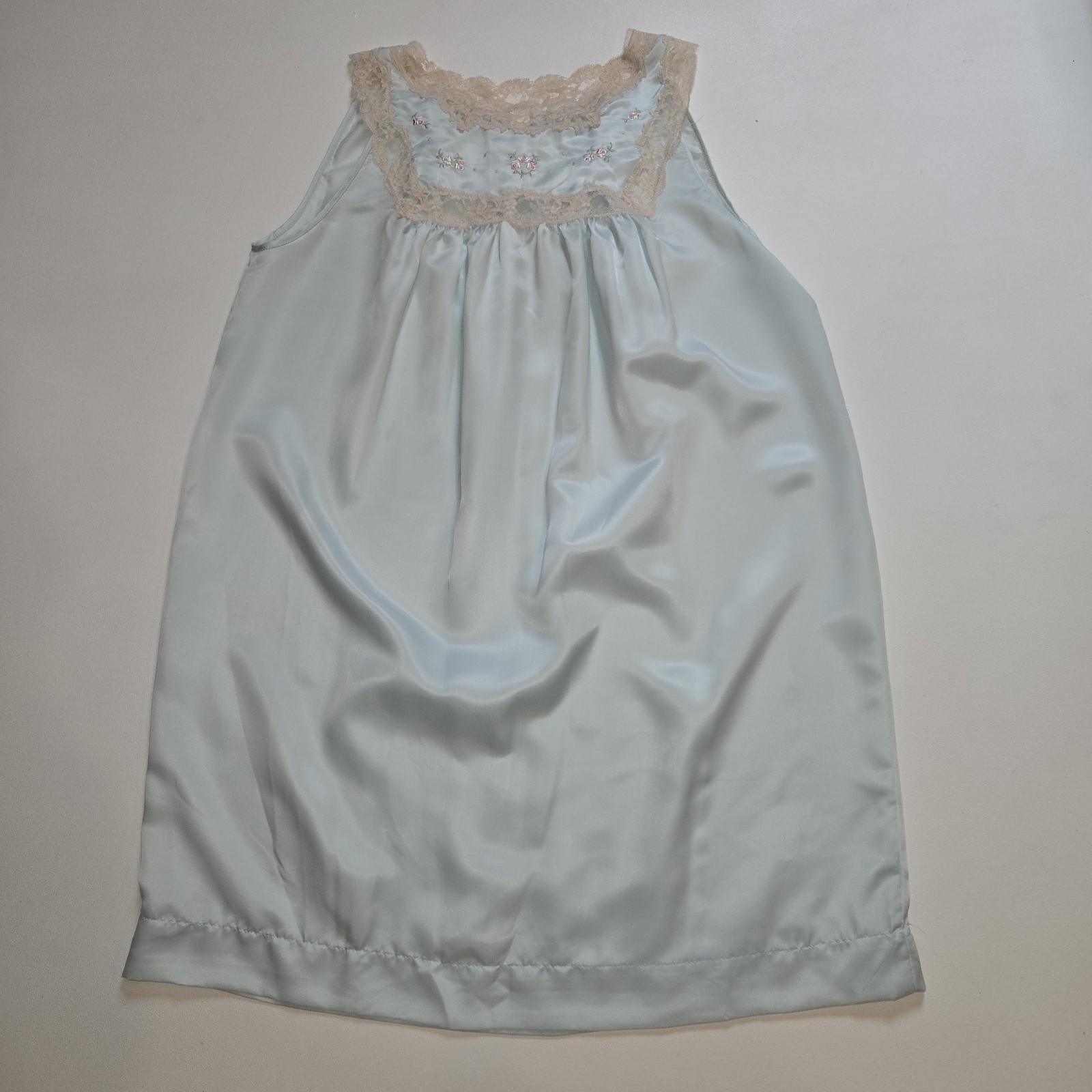 Vintage Barbizon Laurel Nightgown Small Blue Lace Trim Floral Satin De Lys Nylon