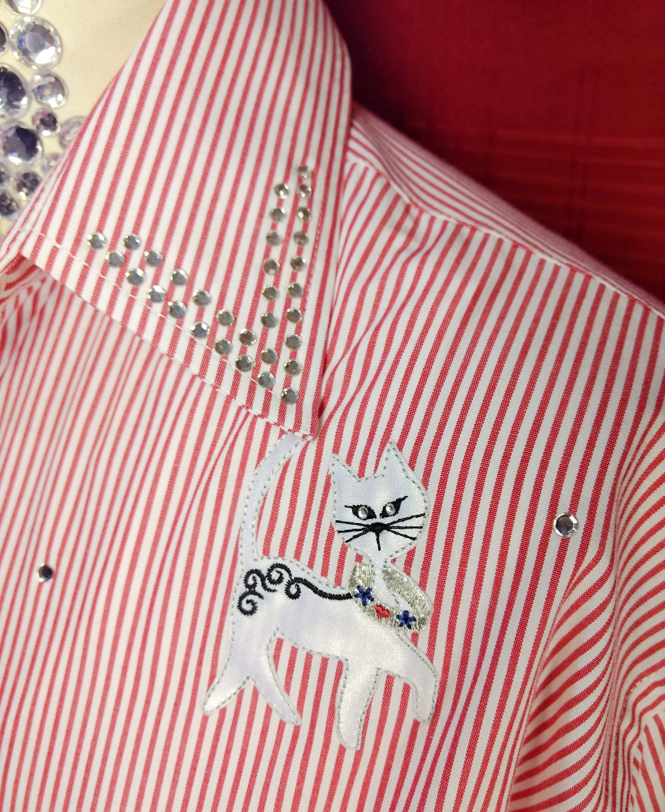 CAT Applique Shirt 2pc Womens Medium Set Red White Stripe Tank Crystals Kitschy
