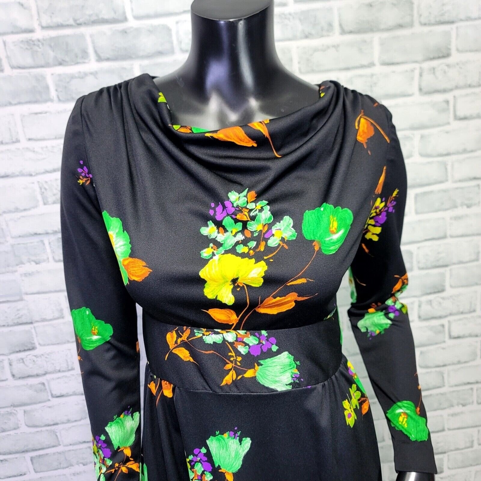 Vintage 70s Black Floral Maxi Dress S Cowl Neck Long Sleeve Mod Boho Glam