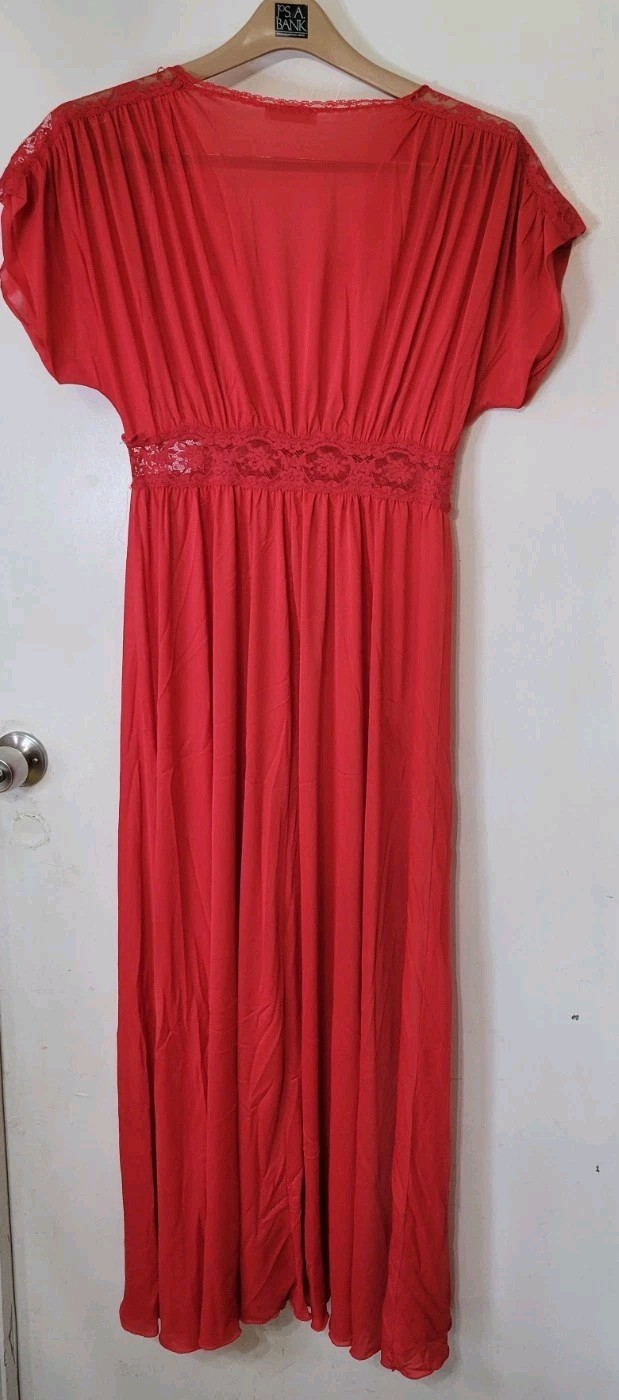 Miss Elaine Nylon Nightgown Red Lace Sz M Lingerie Chemise USA