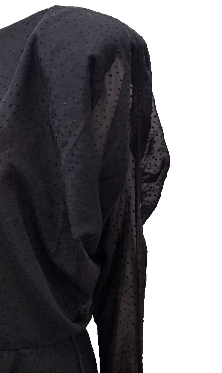 1980s Batwing Sheer Chiffon Dress Black Flapper Scallop 80s Dolman Sleeves M/L
