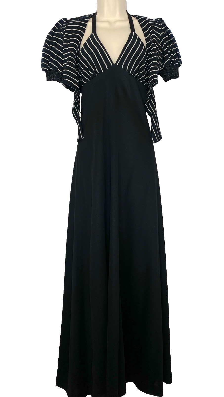 Vintage 1970s black maxi dress set YOUNG EDWARDIAN ARPEJA halter bolero stripe