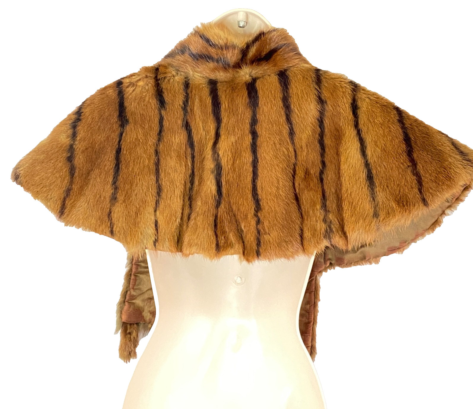 Vintage 1900s brown genuine fur stole stripe capelet black mink silk shrug