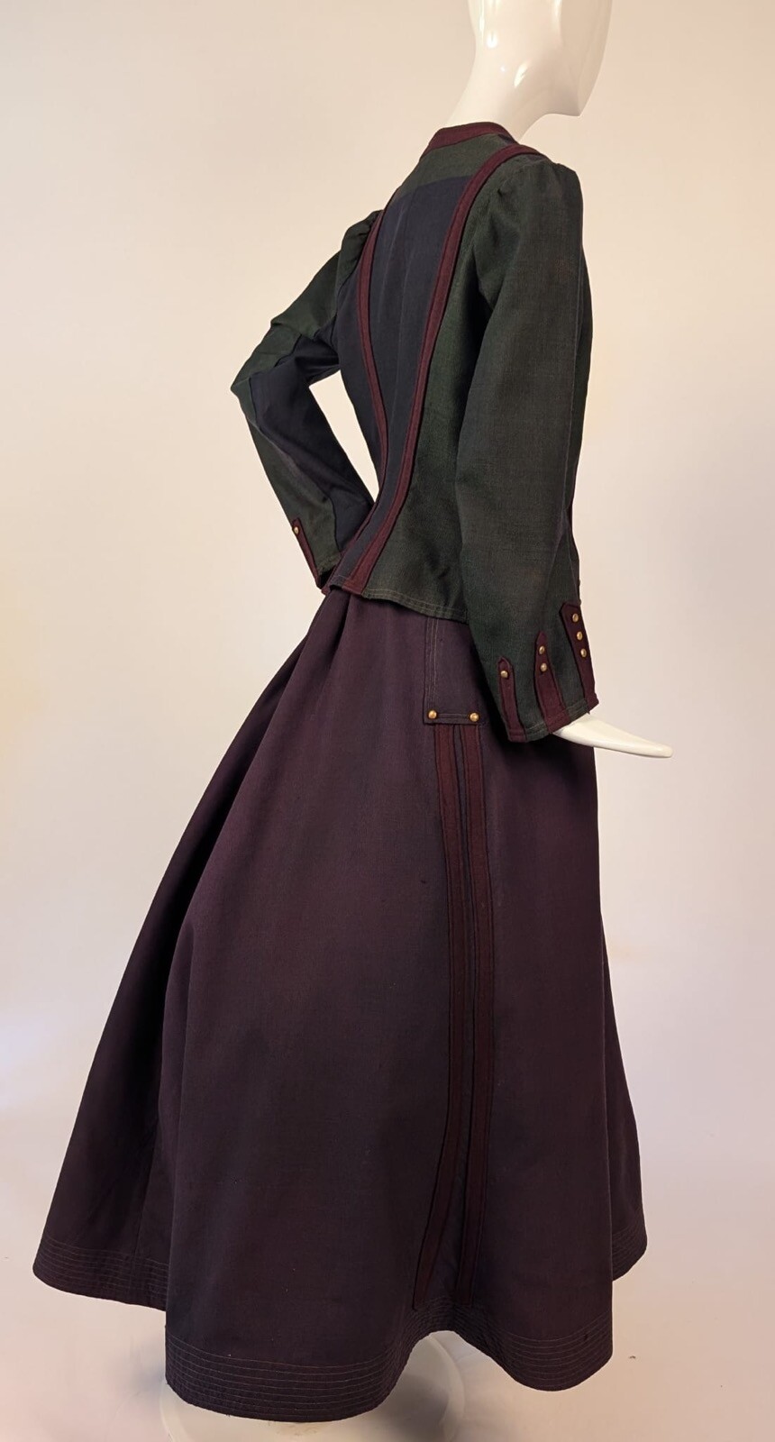 UNUSUAL EDWARDIAN TRI TONE WOOL WALKING SUIT W STUD + BUTTON TRIM