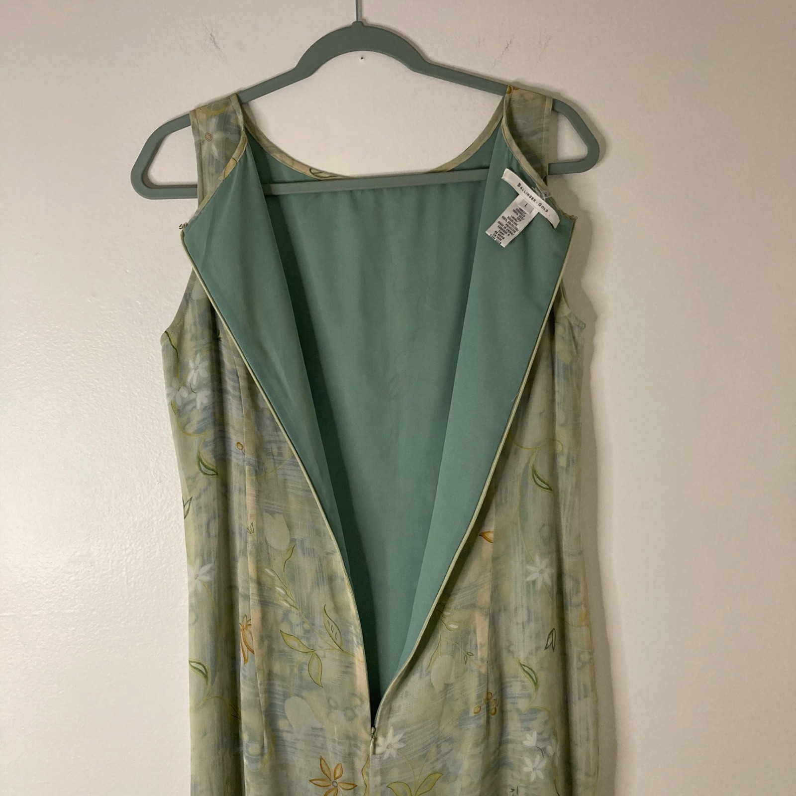 Ballinger Gold Vintage 100% Silk Embroidered Floral Midi Sheath Dress L
