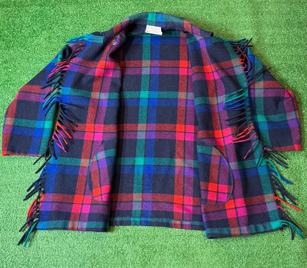 Vintage 1950s Era Pendleton 100% Wool Over Coat Fringe Shaw Colorful Size Large