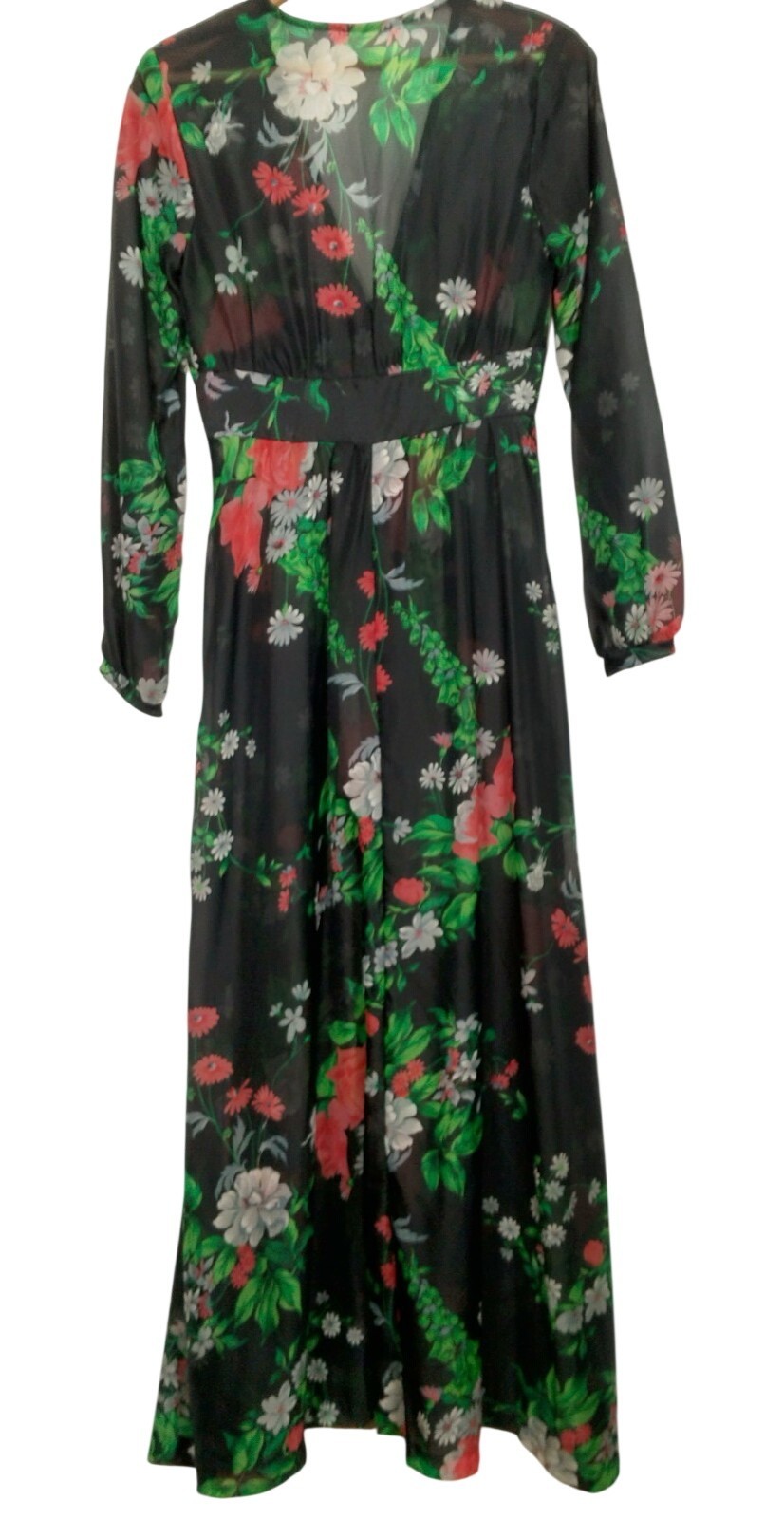 Vintage 1970s Sheer Dress Robe Size 5-6 Black Daisy Floral Hippie Boho