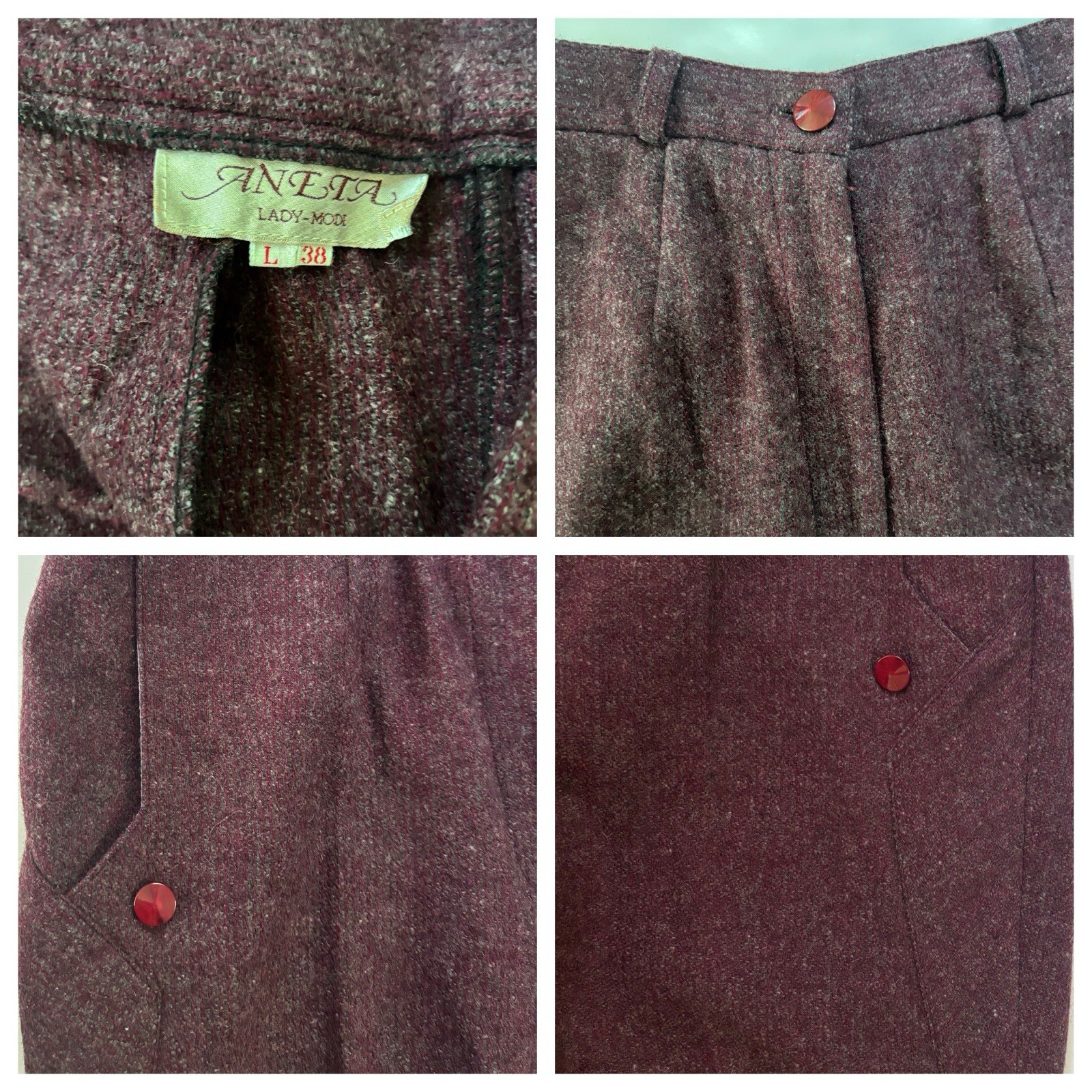 VTG 80s ANETA Lady-Mode Purple Wool Power Suit Blazer Pants L 38 EUC