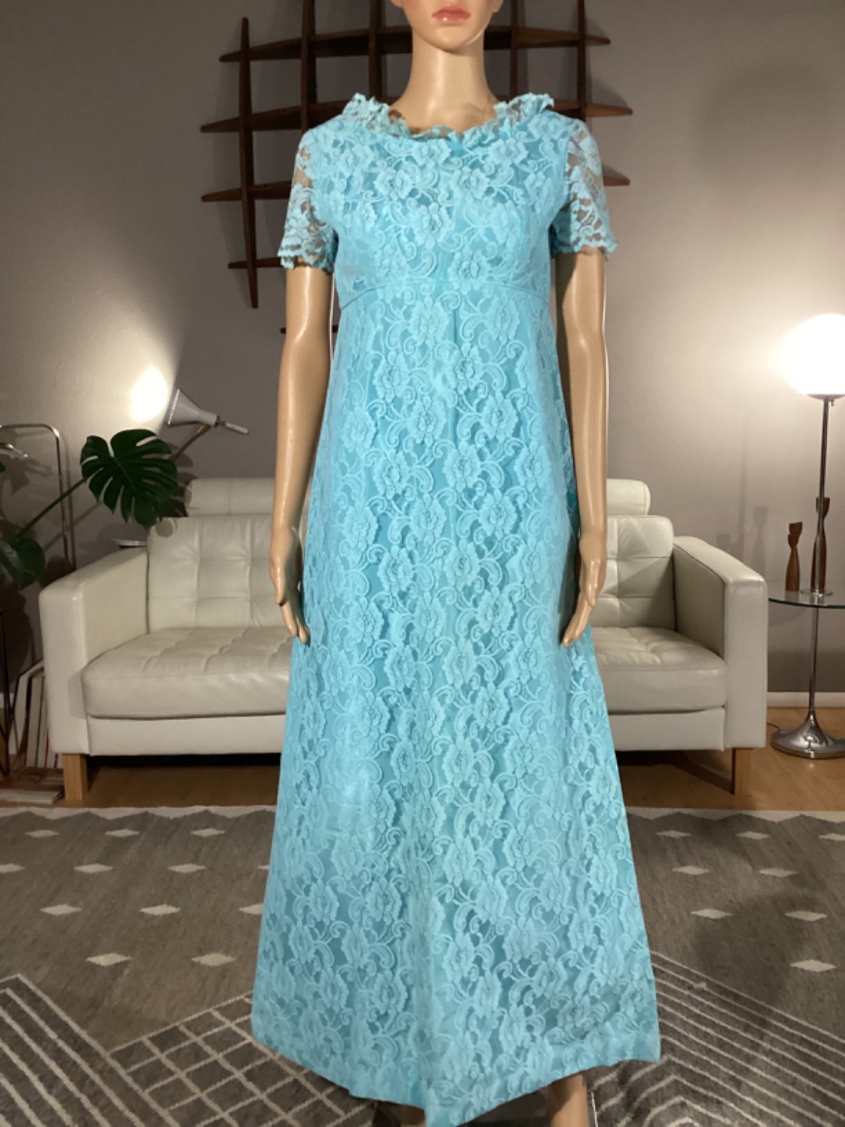 Vintage 1960s Bright Aqua Blue Lace Empire Waist Maxi Dress