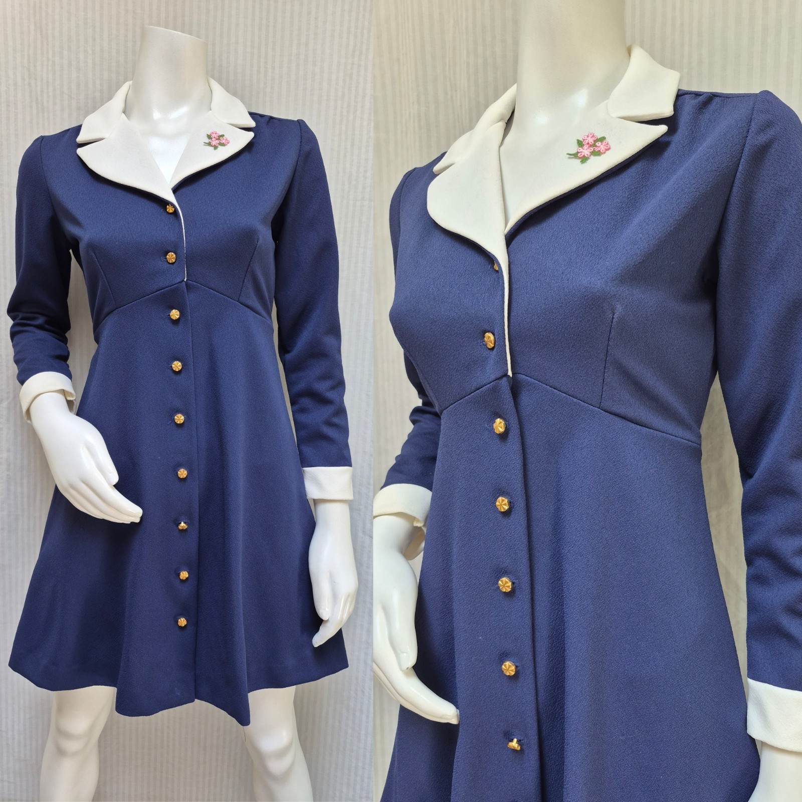 Vintage 1960s SEARS JR BAZAAR Blue Double Knit Button Front Dress – Size S