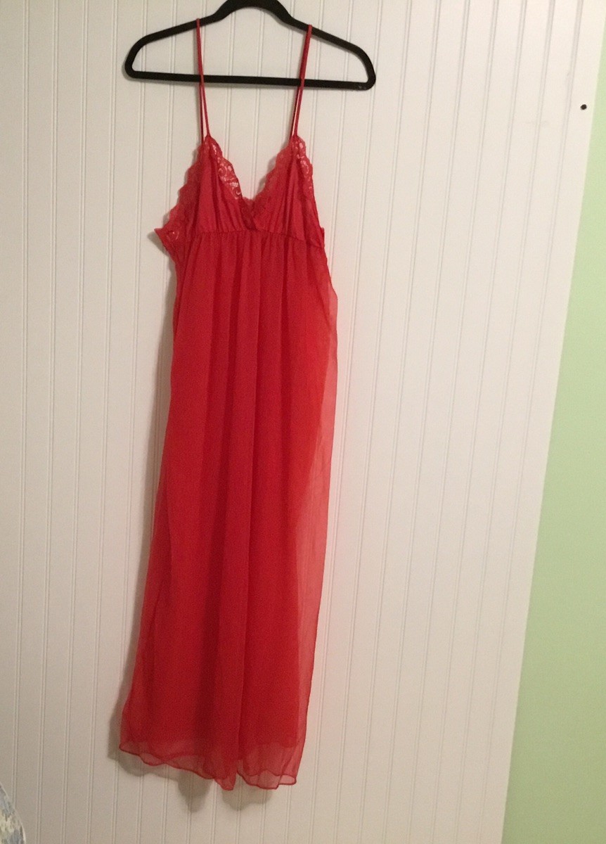Vintage J.C. Penney Size Large Red Sleeveless Nightgown Nylon Sheer Lace Accents
