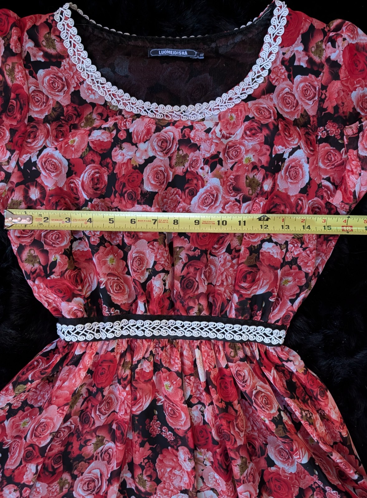 Romantic Red Rose Floral Chiffon Lined Midi Dress Empire Waist Scoop Neck