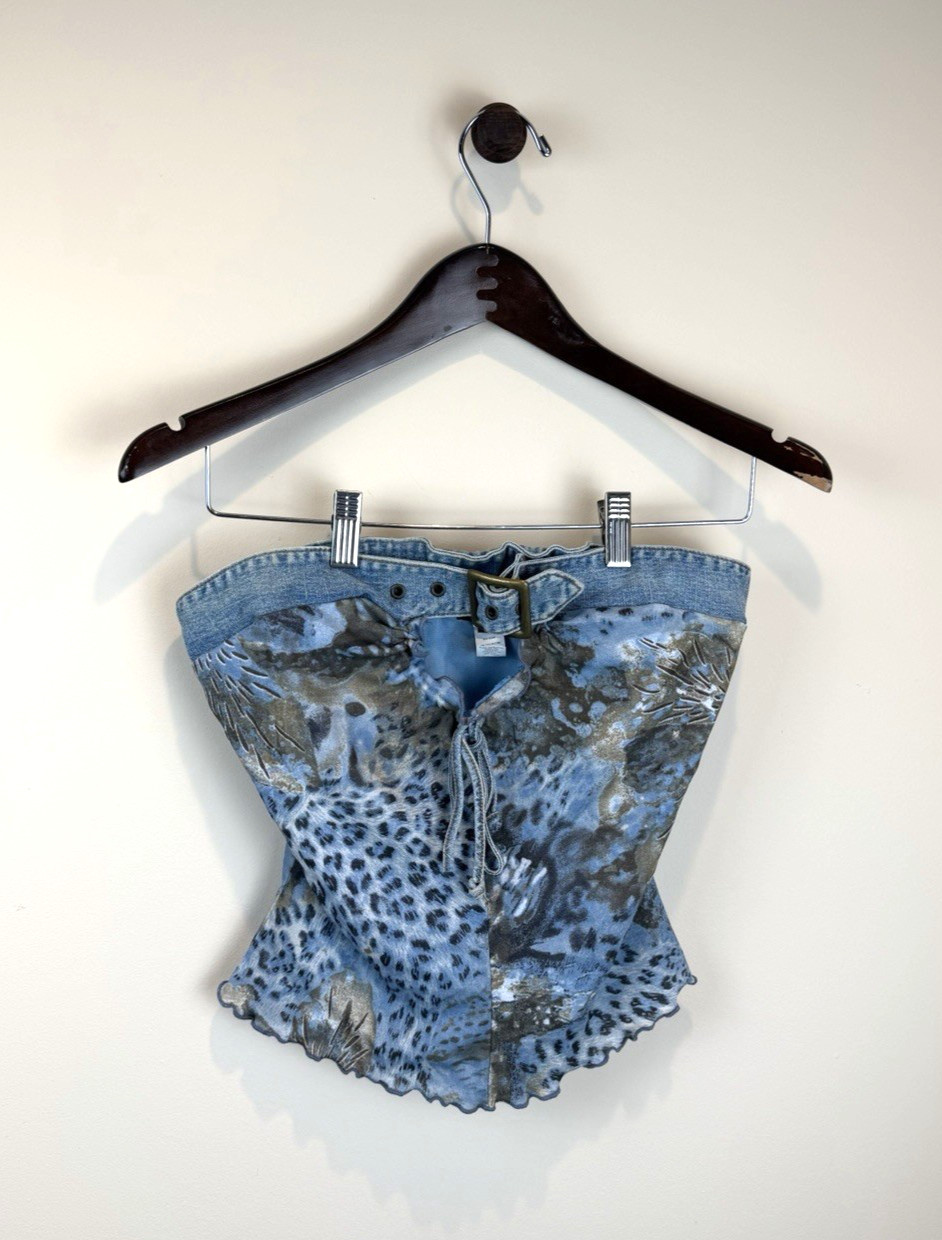 Vintage Y2K XOXO Denim Blue Leopard Print Belted Keyhole Tube Top Size Small