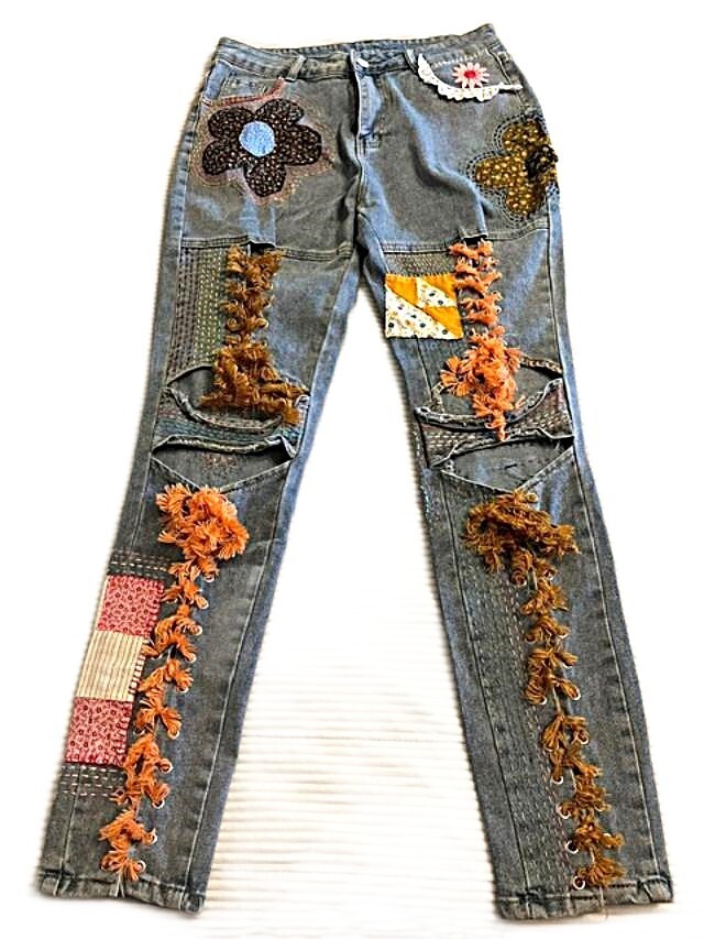 Totally hand patched embroidered upcycled custom Womens jeans 1 of a kind – Med