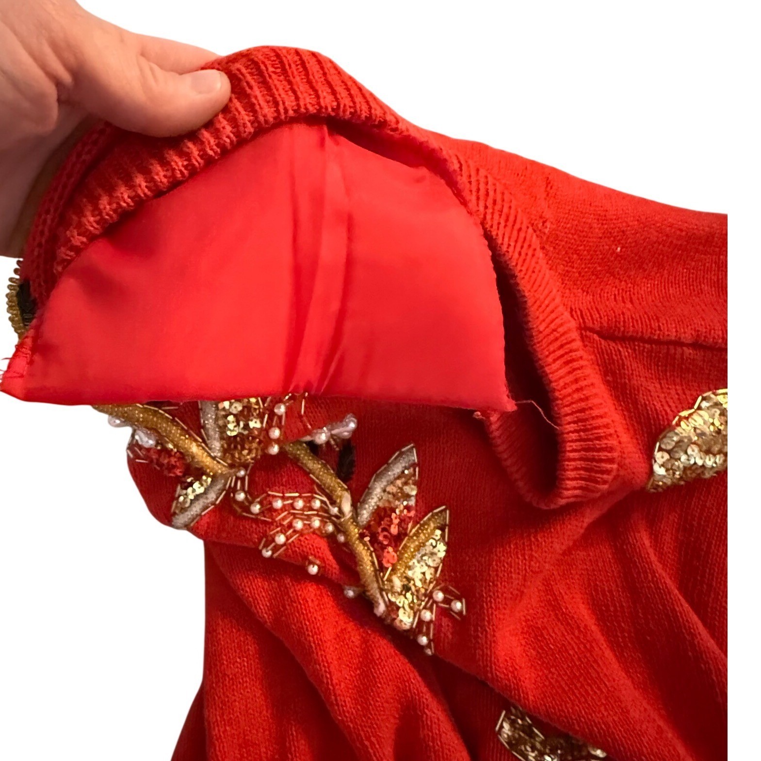 Kitschy Retro Vintage Western Connection Red Sweater Sequin Pearl Embellished S