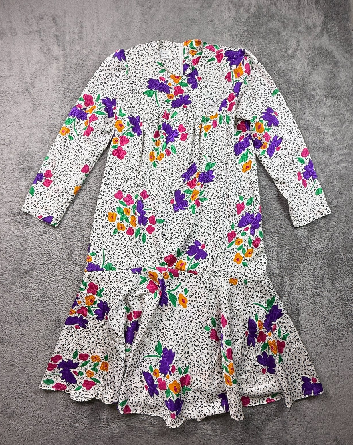 Vintage 80s Shannon II Floral Drop Waist Dress Womens 14 White Purple Abstract