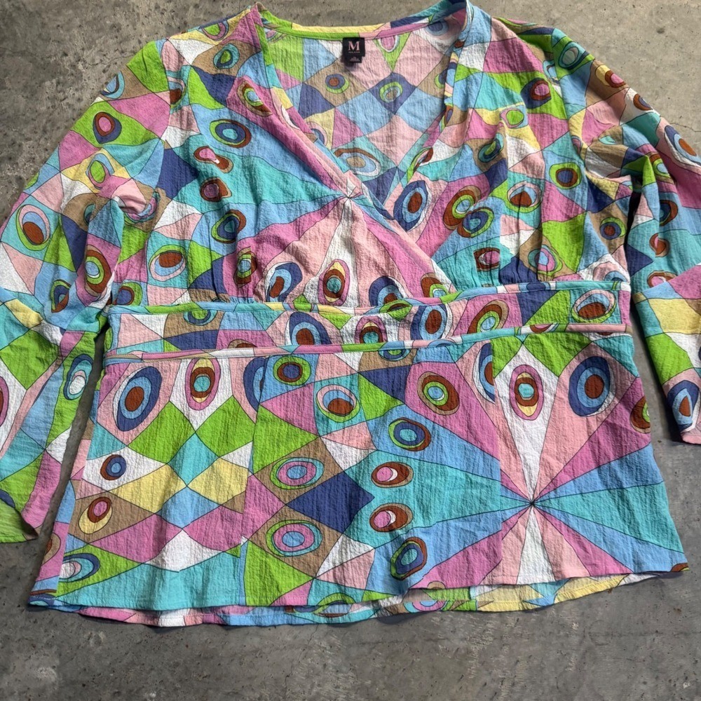 Milano Women&rsquo;s VTG Y2k Multicolor Bell Sleeve Blouse Sz XL Pucci Abstract Art