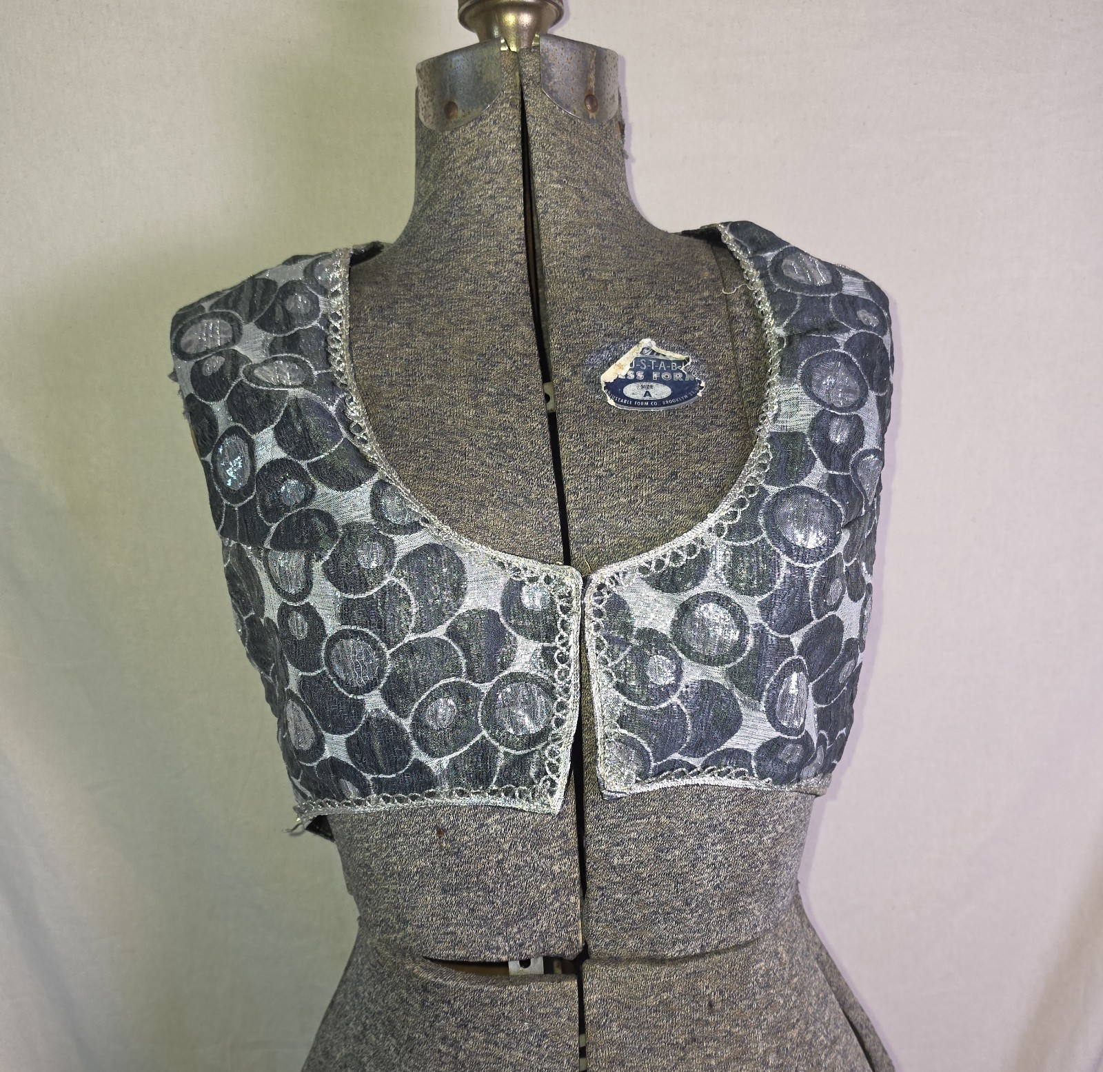 Vintage 60s 70s Silver Metallic Polka Dot Bolero Top Vest Glitter Disco Small