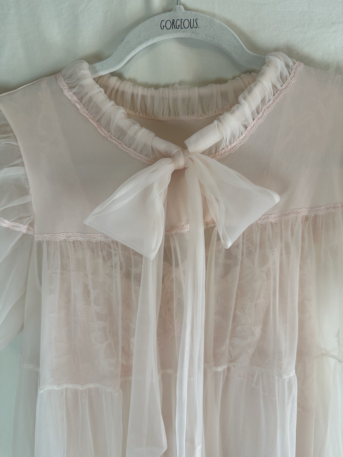 Vintage Dutchmaid 60s Pink Peignoir Set Nylon Sheer Robe & Gown Lace Romantic 14