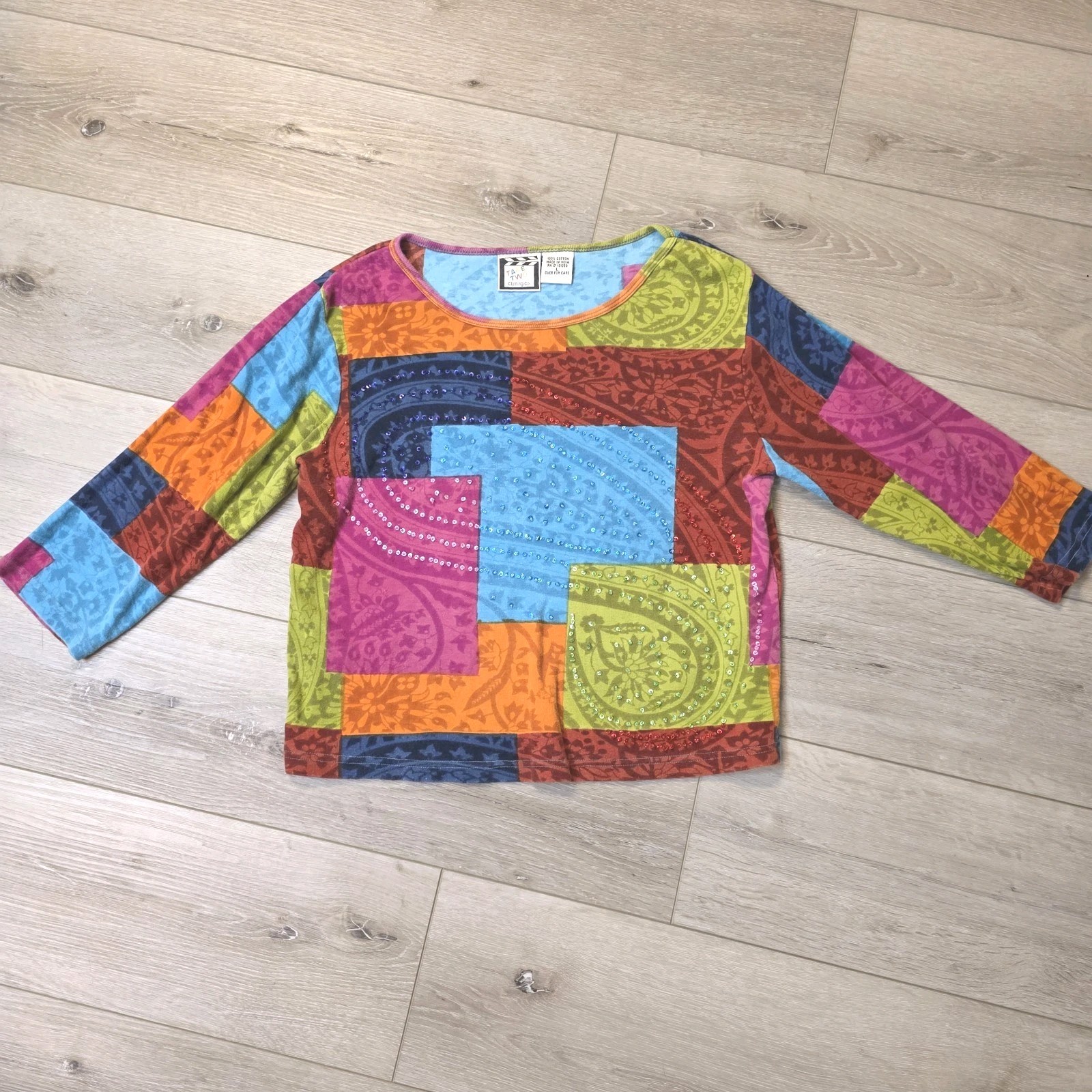 Vtg Womens Multicolor Patchwork Boho Hippie Core 3/4 Sleeve Cotton Top Sz Lg