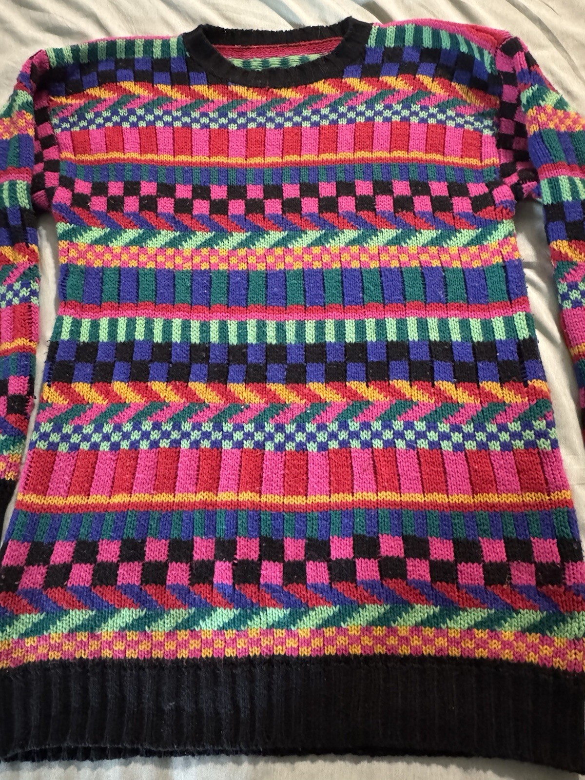 Vintage Geometric Knit Pullover Coogi-Like Sweater Vibrant Colorful