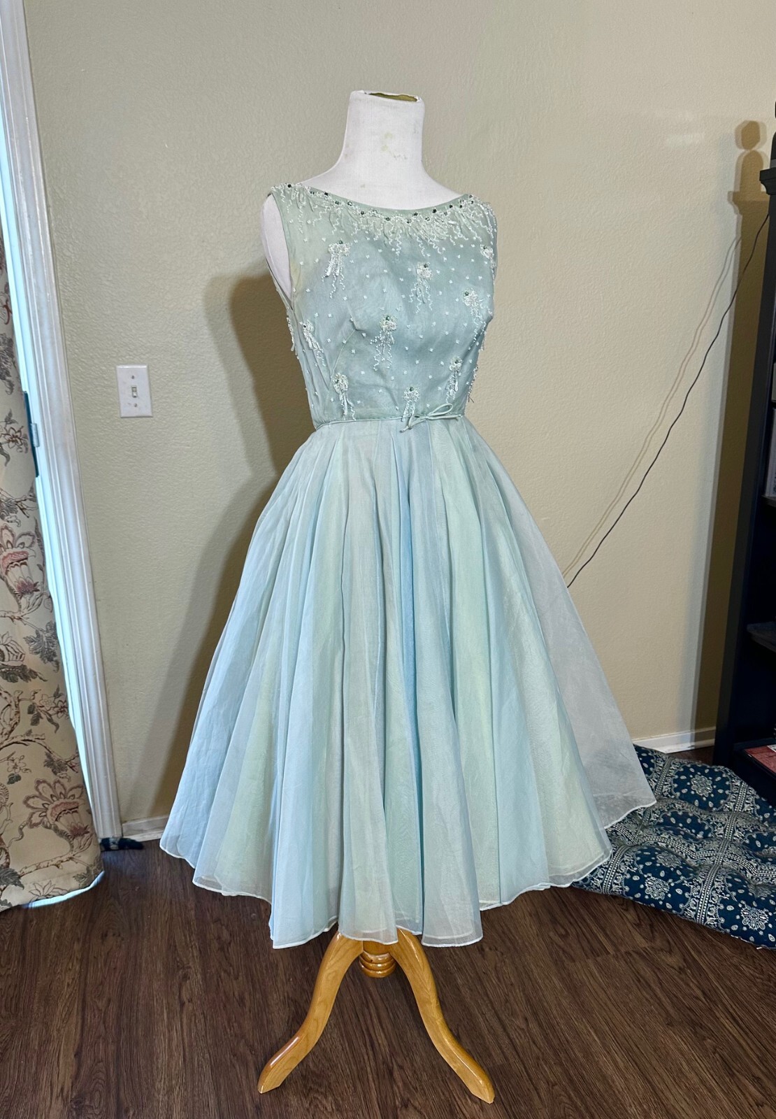 Vintage Helena Barbieri 50s dress formal cocktail beaded blue green couture