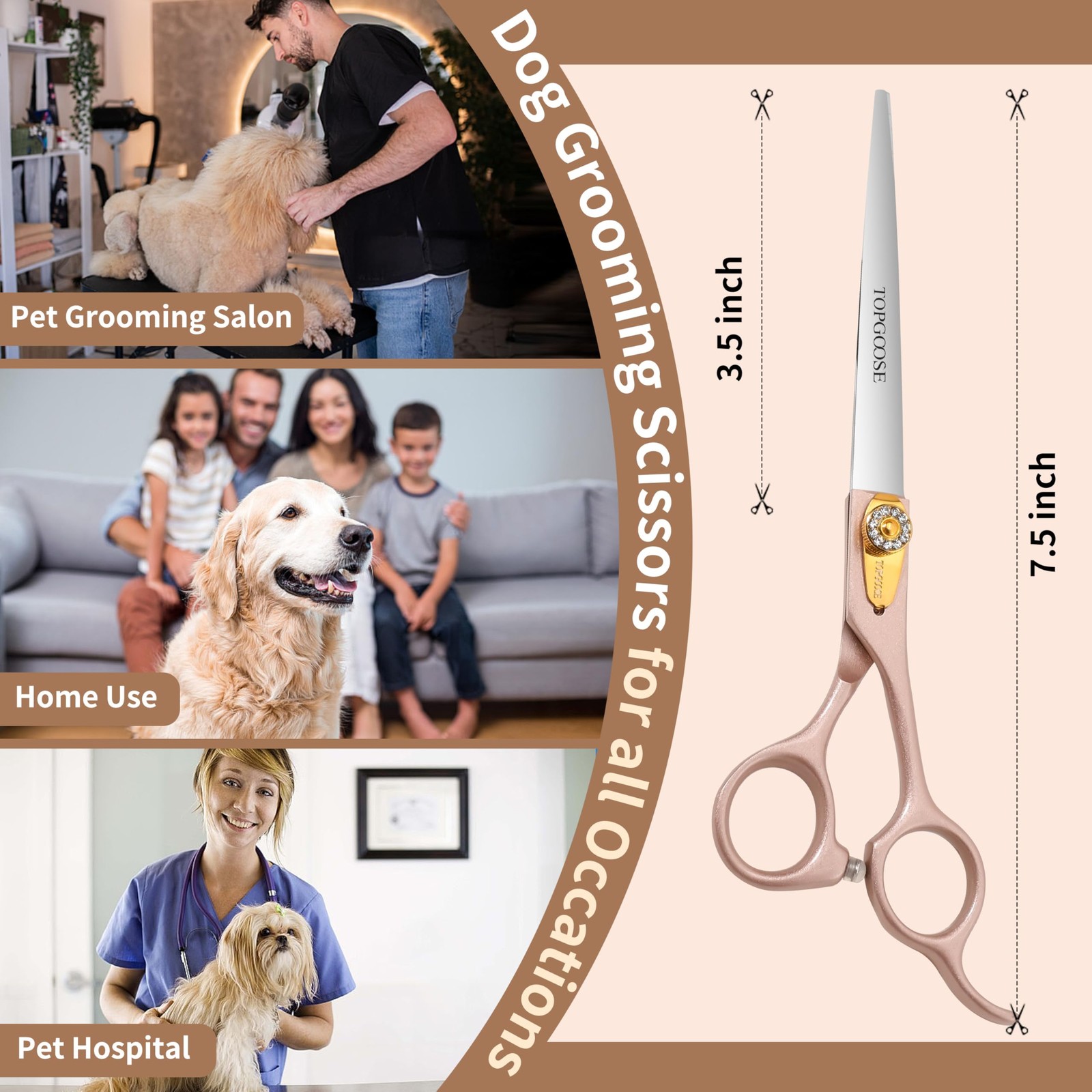TOPGOOSE 7.5 » Dog Straight Scissors for Grooming 440C Stainless Steel Rose Gold