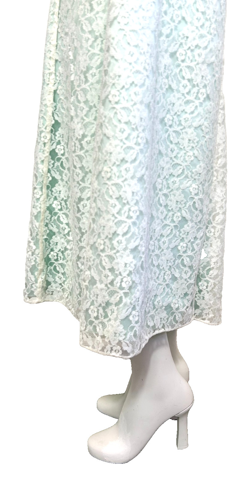 50s Lace Column Dress Size S Aqua Ruffle Sleeveless Lined Ruffle Empire Vintage