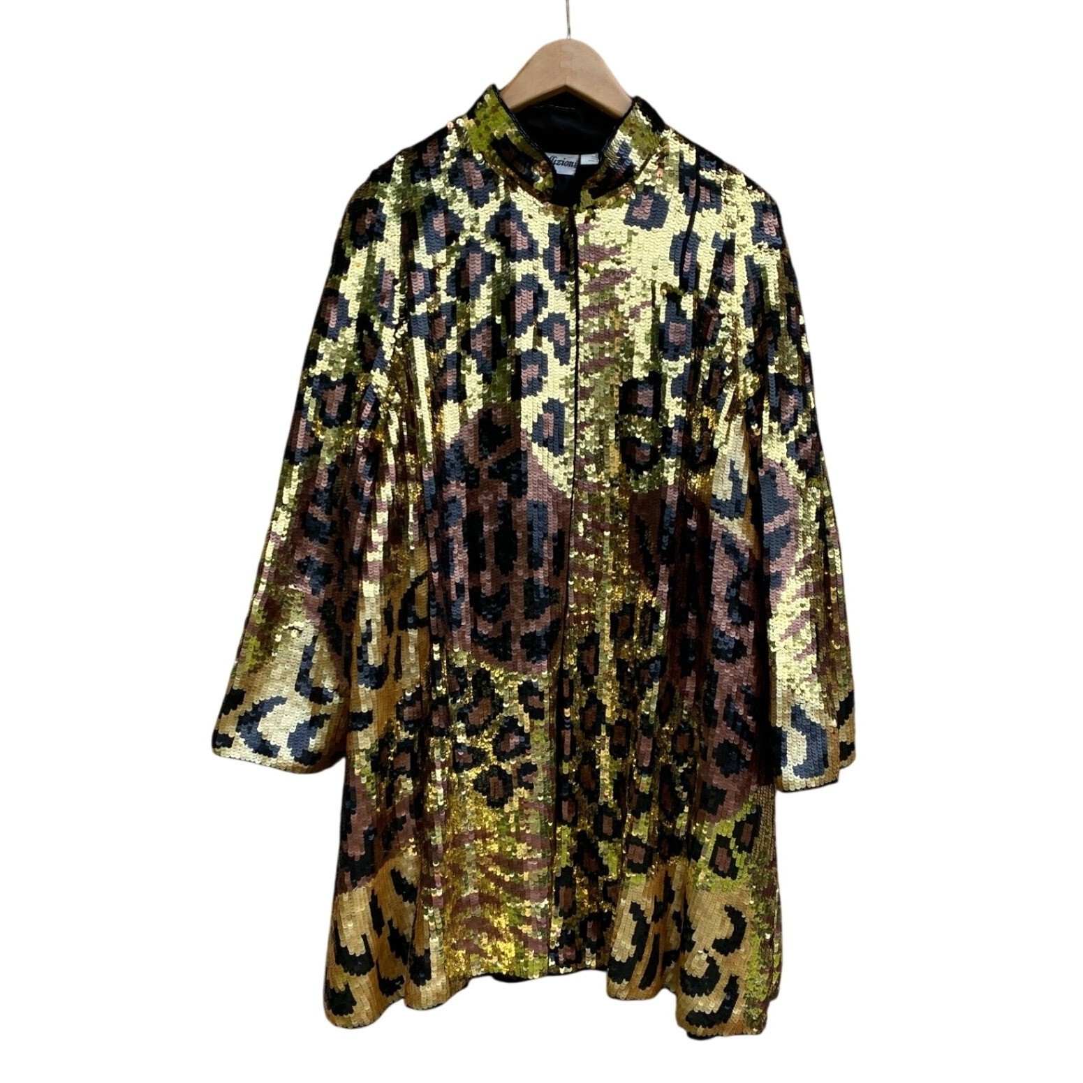 Vintage Silk Sequin Leopard Print Duster Coat Gold Bronze Medium Glam Mob Wife