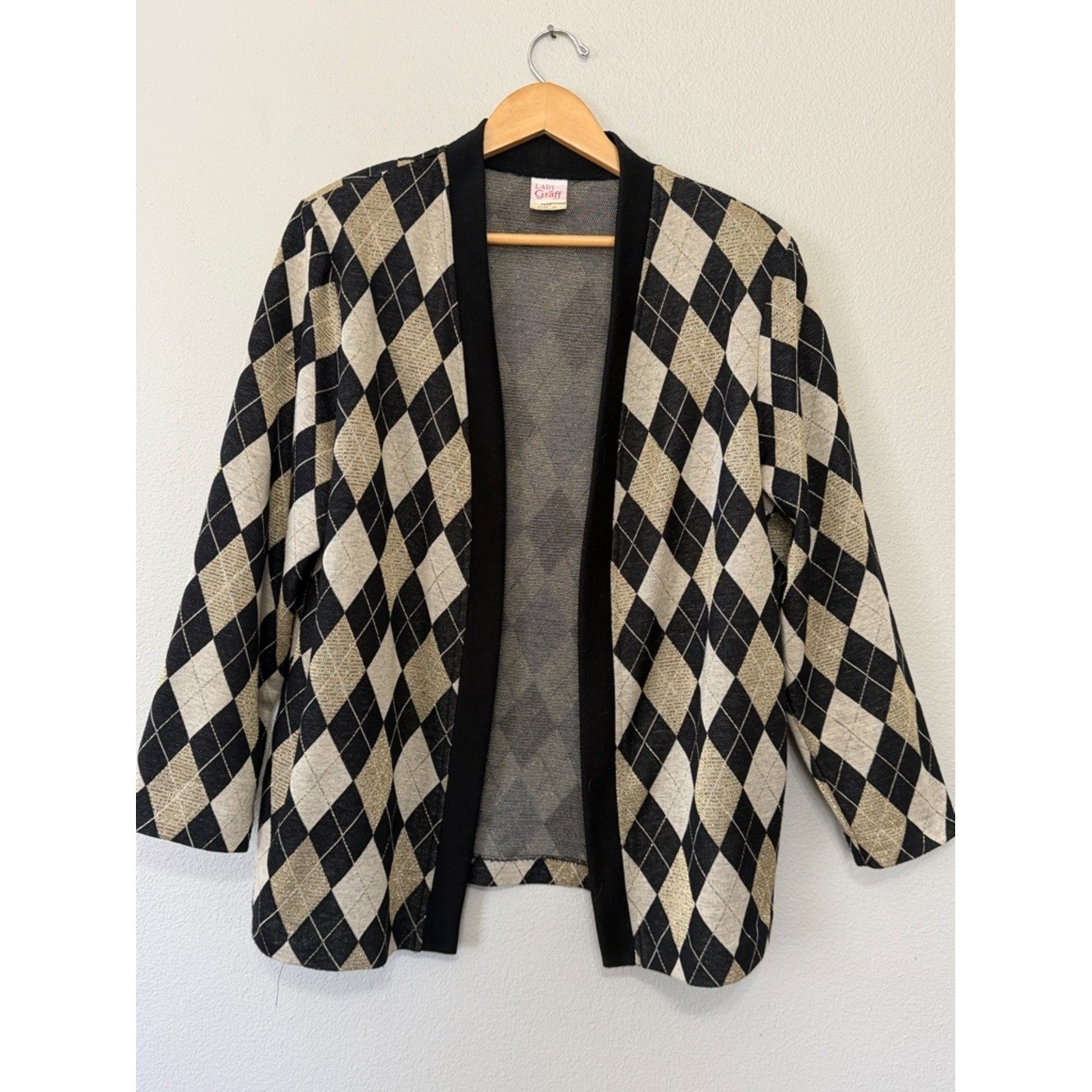 VTG Lady Graff Argyle Open-Front Cardigan Black Gold Size 36 1980&rsquo;s