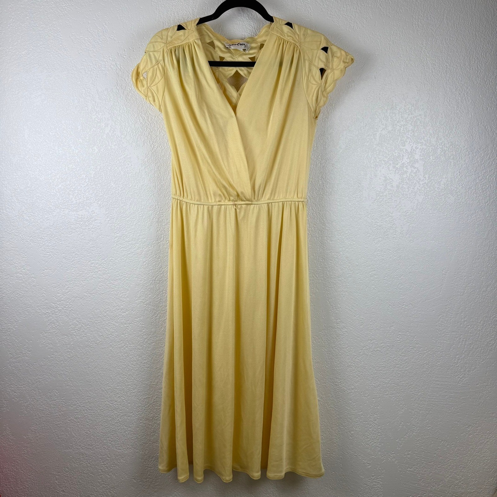 VTG Victor Costa Ltd Yellow Midi Dress Floral Cutout Embroidery Cap Sleeve