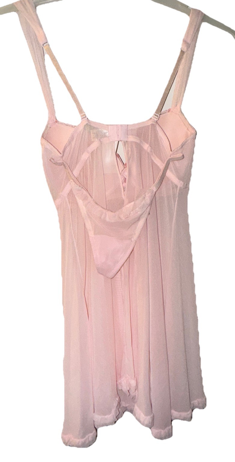 Enchanted Nightie Lingerie 2Pc Sheer Embroidered Flowers Pink Sexy Women’s S