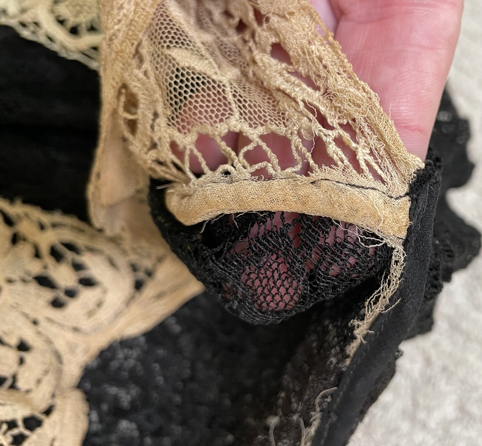 Antique 20s 30s Black Lace Art Deco Dress S M 3-in-1 Sleeveless Midi Fitted