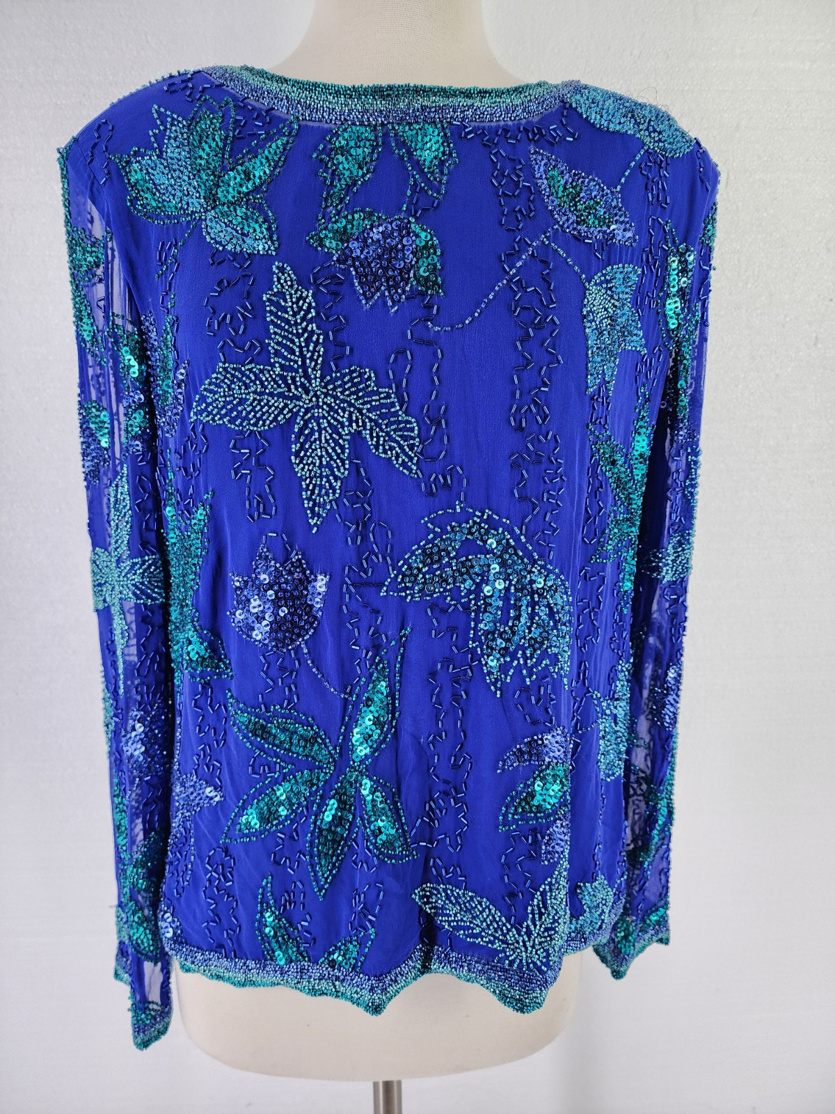 Oleg Cassini Womens 16 Vintage Royal Blue Silk Vibrant Sequin Beaded Long Sleeve