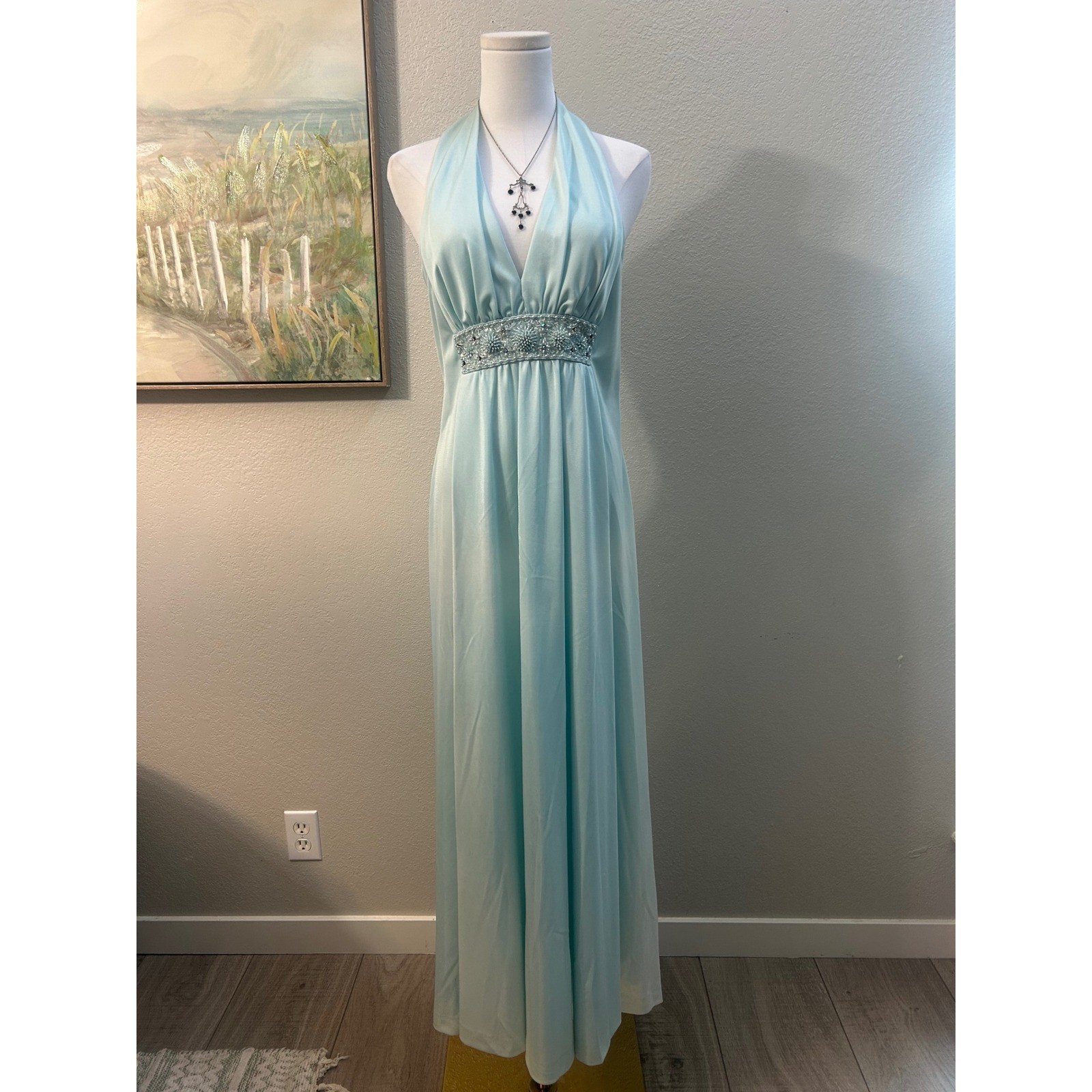 Vintage Aqua Blue Beaded Halter Neck Empire Waist Maxi Gown Cinderella Formal