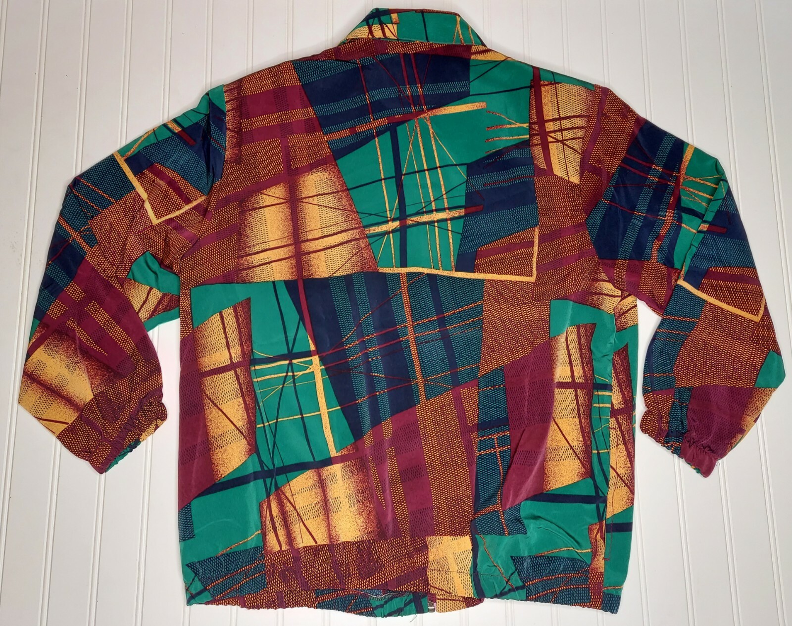 Vtg Bonworth Silky Bomber Jacket Geometric Print Multicolor Zip-Up Sz: Med/LG?