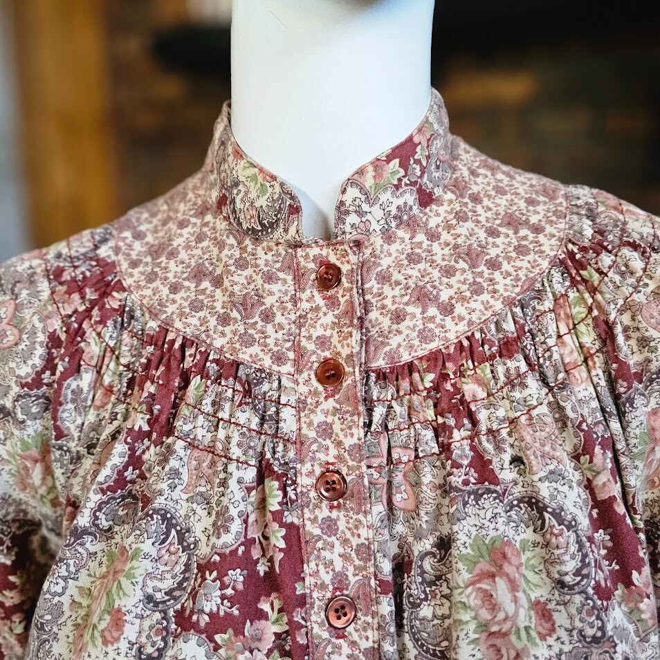 Vtg 70s Homespun Romantic Paisley Floral Hippie Prairie Volup Midi Dress L/XL