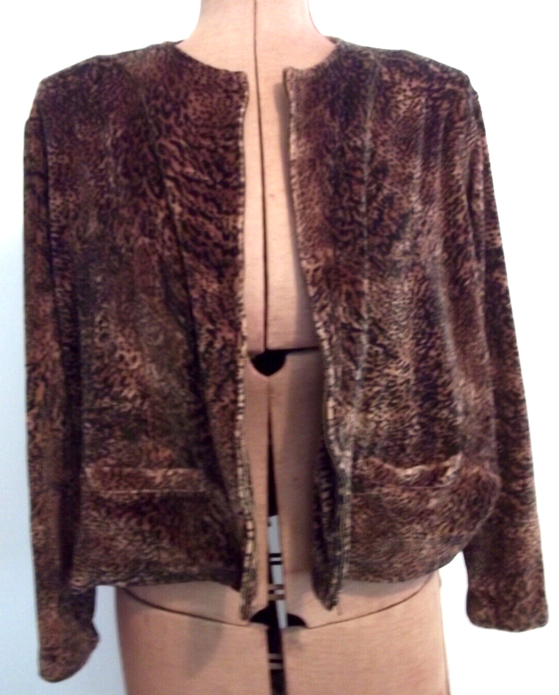 Vtg NO TAG Brown Black FAUX FUR LEOPARD PRINT Crop LINED Lg Sv Zip JACKET/Sz M ?